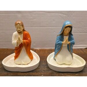 VTG Jesus & Mary Rosary Holder Set Heart Trinket Dish Religious Figurine Pair